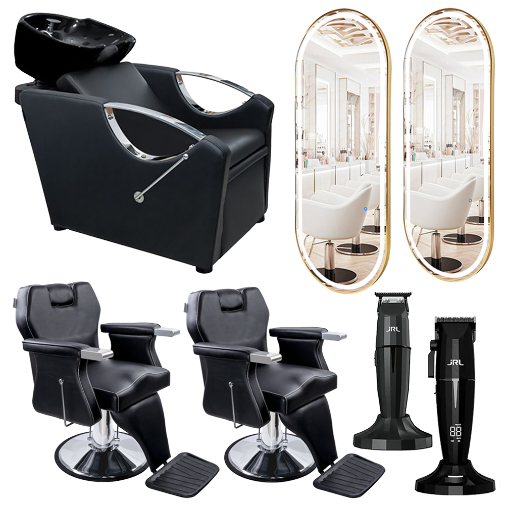 Kit mobilier frizerie scafa + 2 scaune + 2 oglinzi + masina de tuns si contul JRL 01