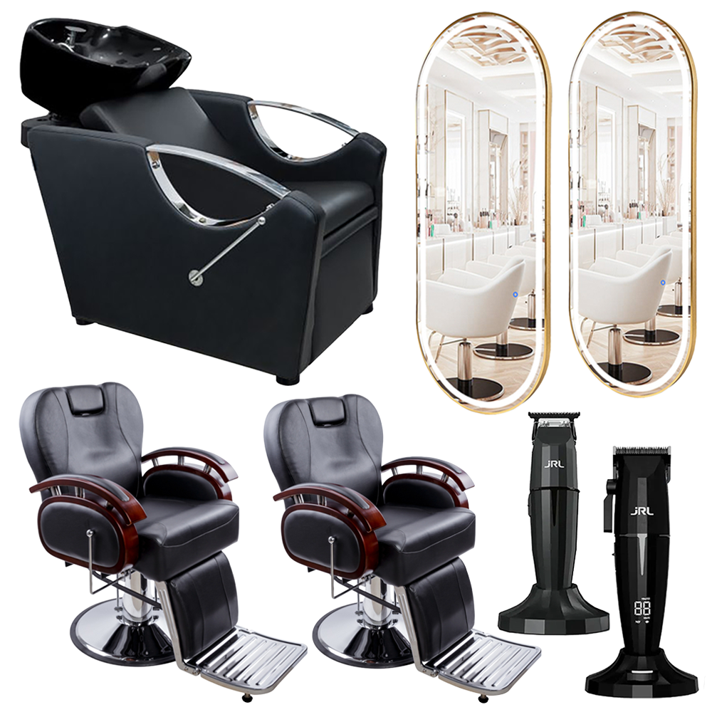 Kit mobilier frizerie scafa + 2 scaune + 2 oglinzi + masina de tuns si contul JRL 02