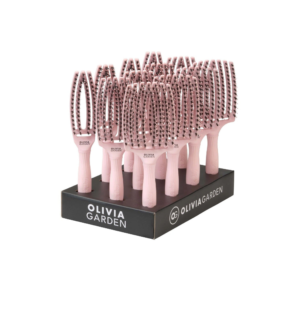 Olivia Garden Fingerbrush Boar & Nylon Pastel Pink – Display Profesional cu 12 Perii pentru Descurcare Ușoară și Strălucire Naturală