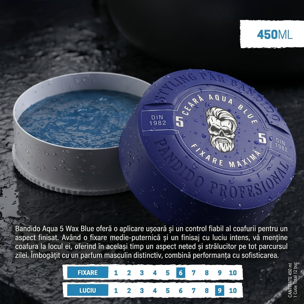 Ceară de păr Bandido Aqua 5 Wax Blue, fixare 6/10 și luciu 9/10, 450 ml