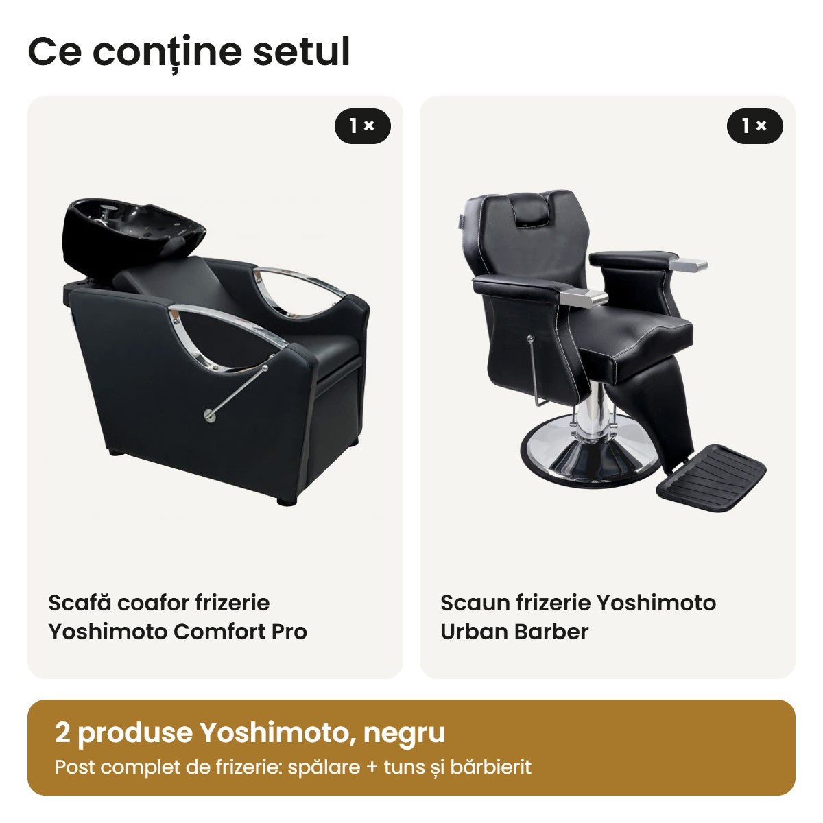 Conținutul setului: scafă Yoshimoto Comfort Pro și scaun frizerie Yoshimoto Urban Barber