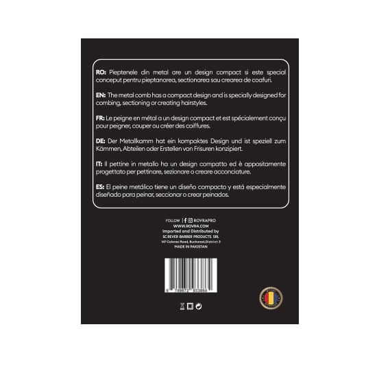 Pieptene frizerie/coafor - ROVRA - Sleek - Metal