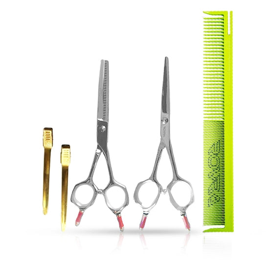 Set foarfece - ROVRA - Student series - 5.5 inch cu pieptene Verde si clipsuri