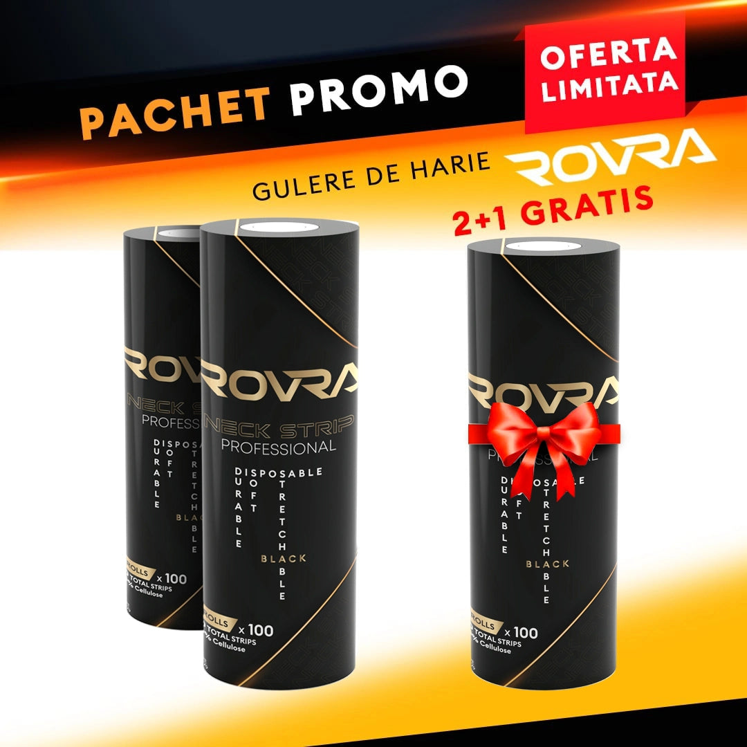 Pachet promo - Gulere de hartie Rovra pentru frizerie - Negre - set 5 role - 3 buc (2+1 GRATIS)