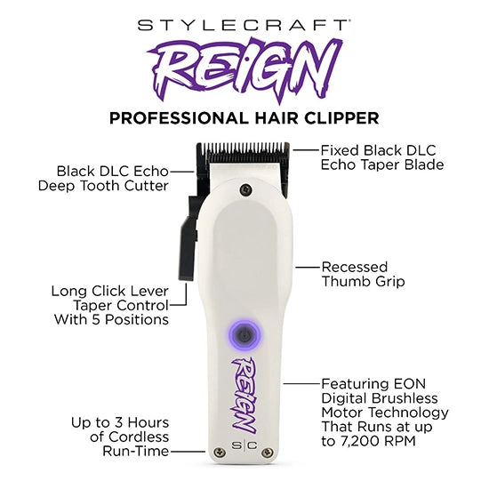 Masina de tuns - STYLECRAFT - Reign  - 7.800 RPM - Alb - PTOREIGSCIT