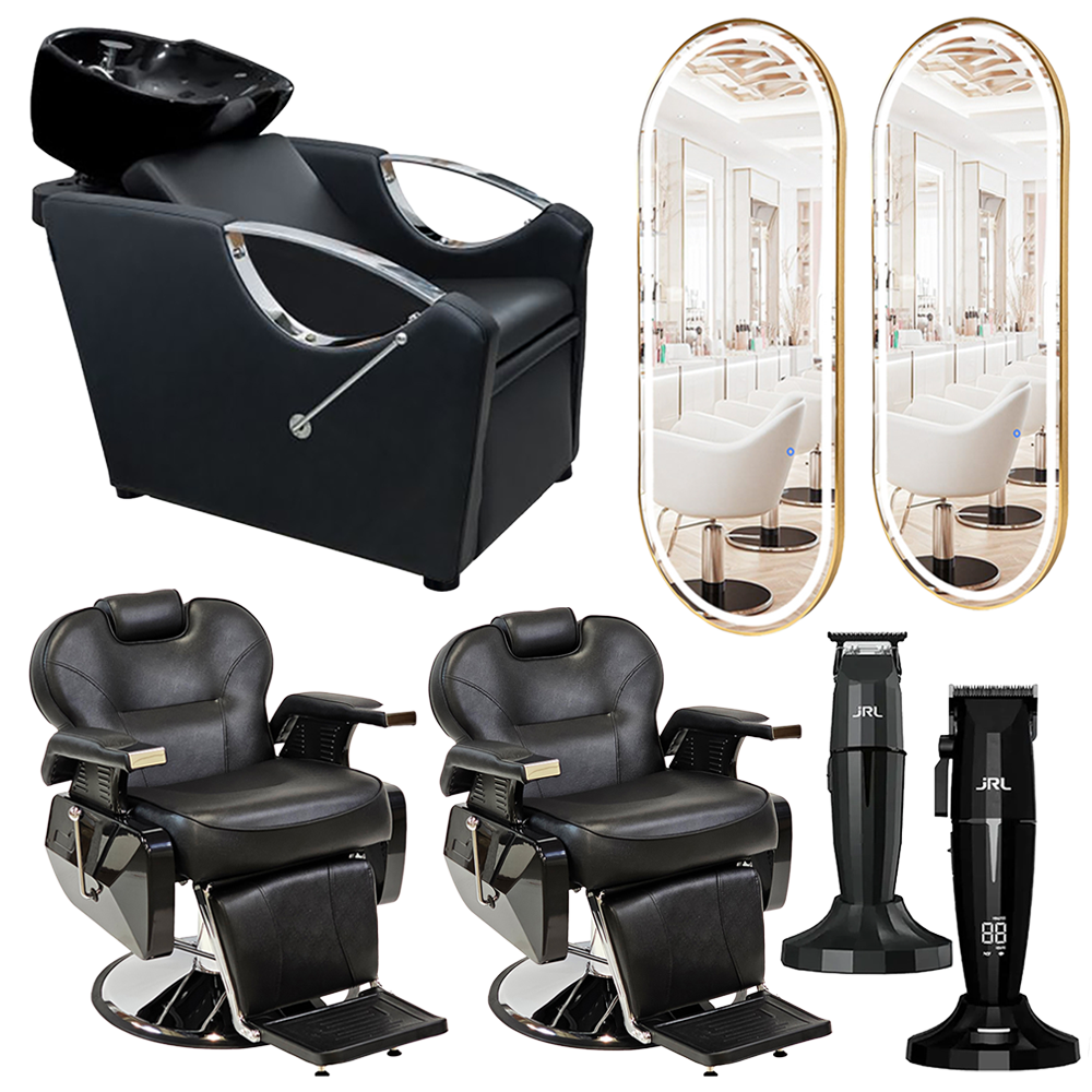 Kit mobilier frizerie scafa + 2 scaune + 2 oglinzi + masina de tuns si contul JRL 03