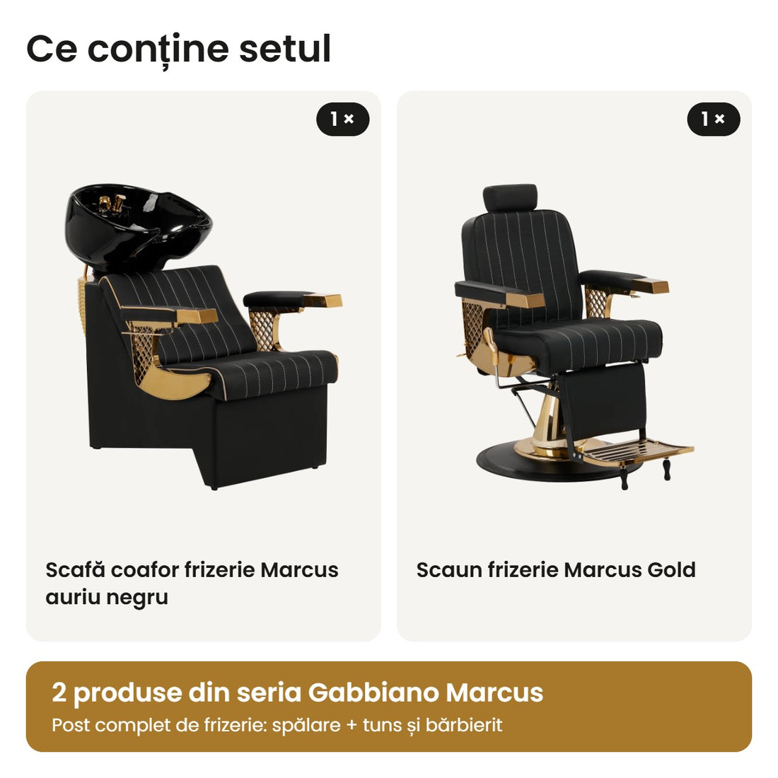 Conținutul kitului de frizerie B001: scafă Marcus auriu negru și scaun frizerie Marcus Gold