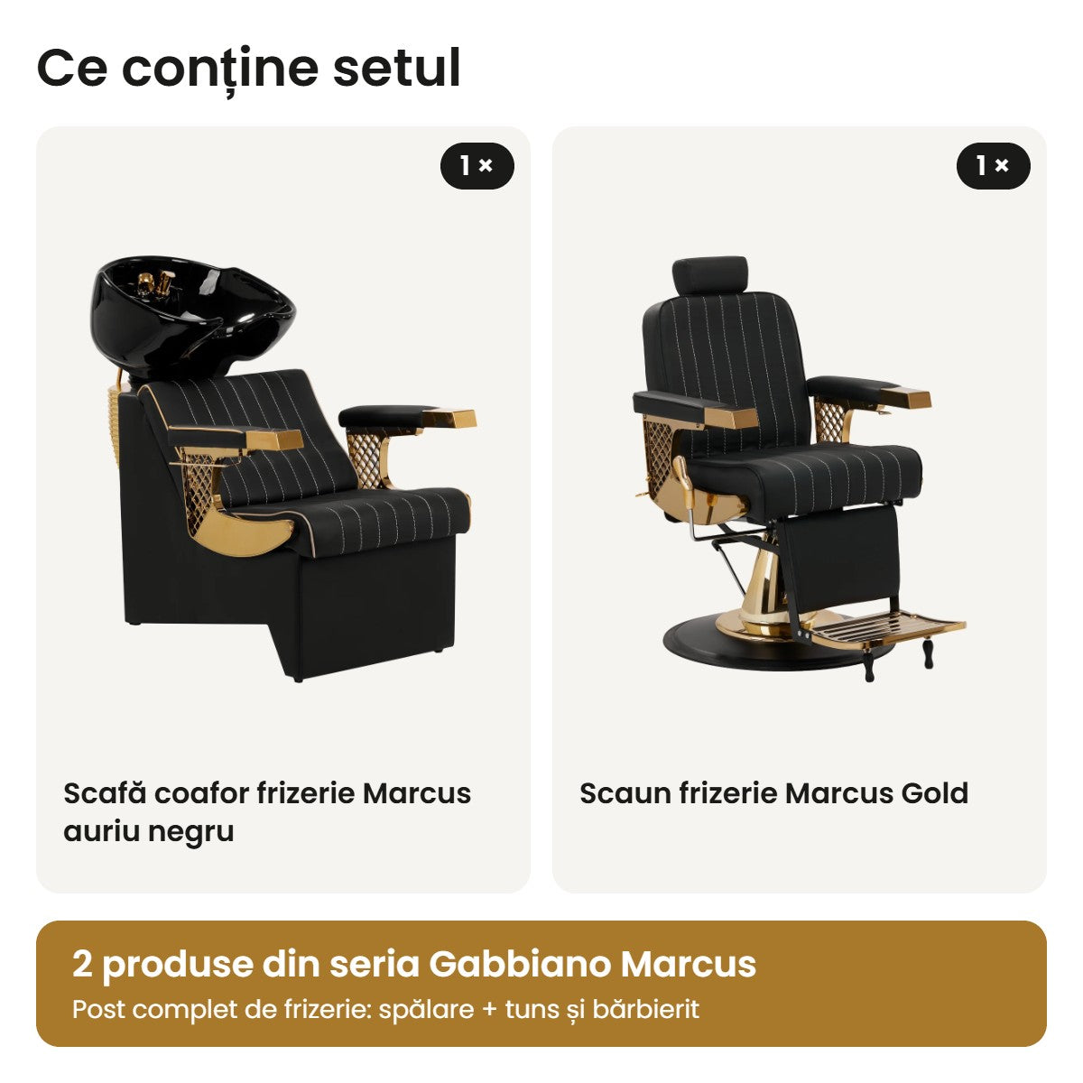 Conținutul kitului de frizerie B001: scafă Marcus auriu negru și scaun frizerie Marcus Gold