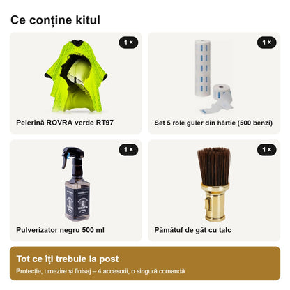 Conținutul kitului: pelerină ROVRA verde, set 5 role guler, pulverizator 500 ml și pămătuf cu talc