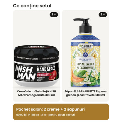 Conținutul pachetului: 2 creme de mâini și față NISH MAN Pomegranate 300 ml și 2 săpunuri lichide KABINETT 500 ml