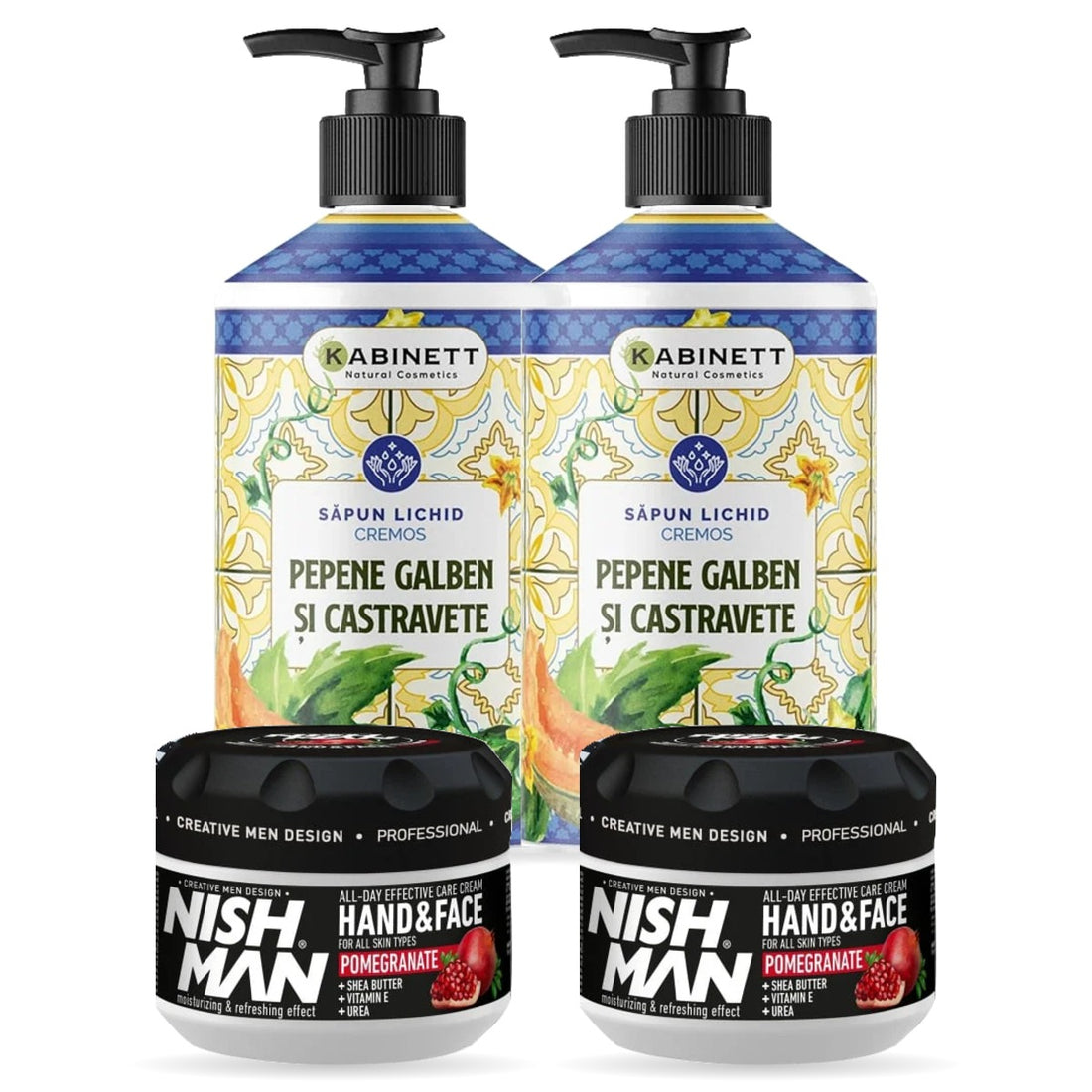 Pachet salon: 2 creme NISH MAN Pomegranate 300 ml și 2 săpunuri lichide KABINETT 500 ml