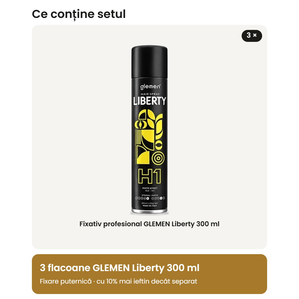 Conținutul setului: 3 fixative profesionale GLEMEN Liberty 300 ml