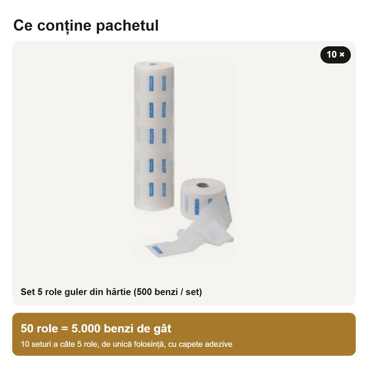 Conținutul pachetului: 10 × set 5 role guler din hârtie, 5.000 benzi