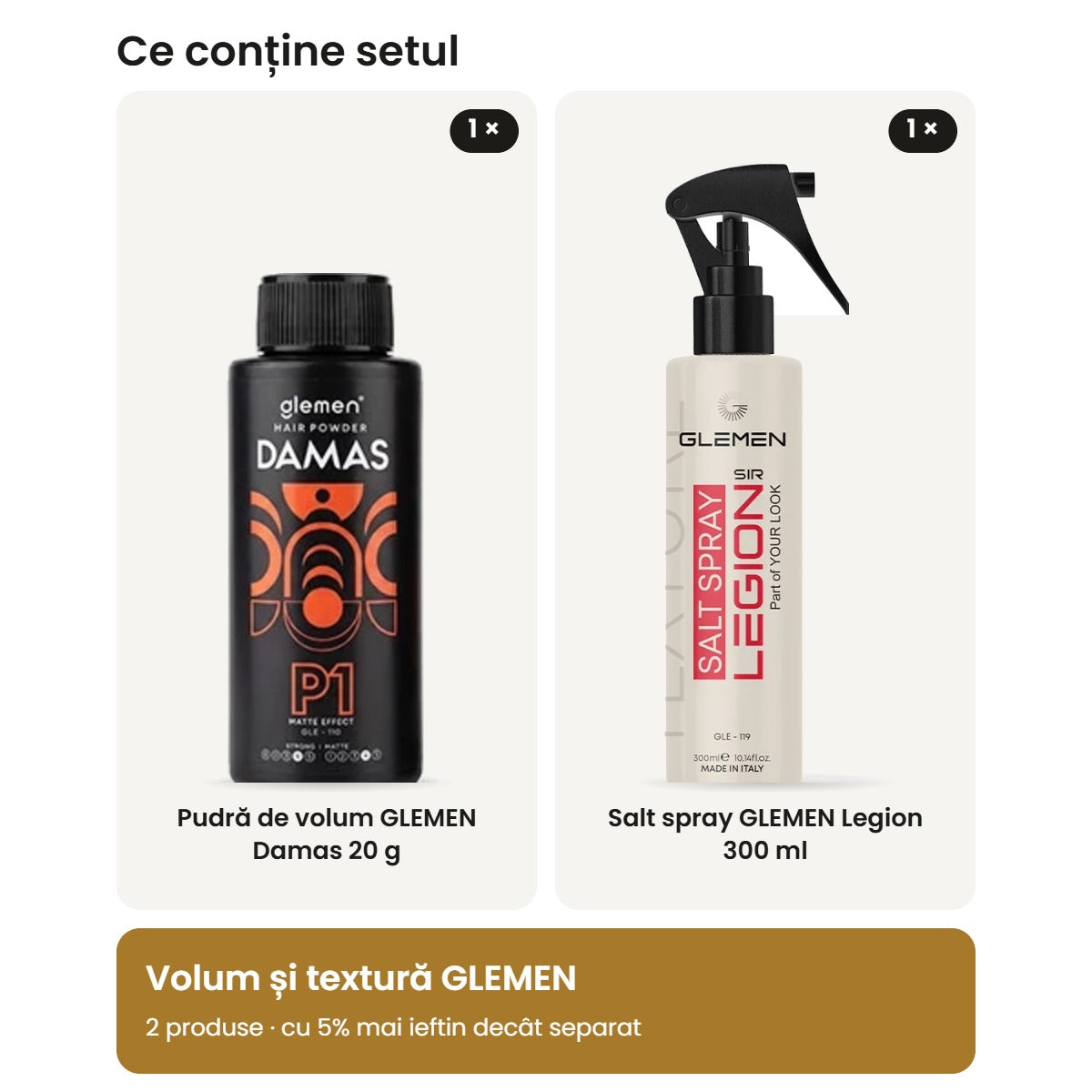Conținutul setului: pudră de volum GLEMEN Damas și salt spray GLEMEN Legion
