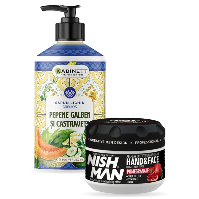 Set igienă mâini – cremă de mâini și față NISH MAN Pomegranate 300 ml + săpun lichid KABINETT 500 ml