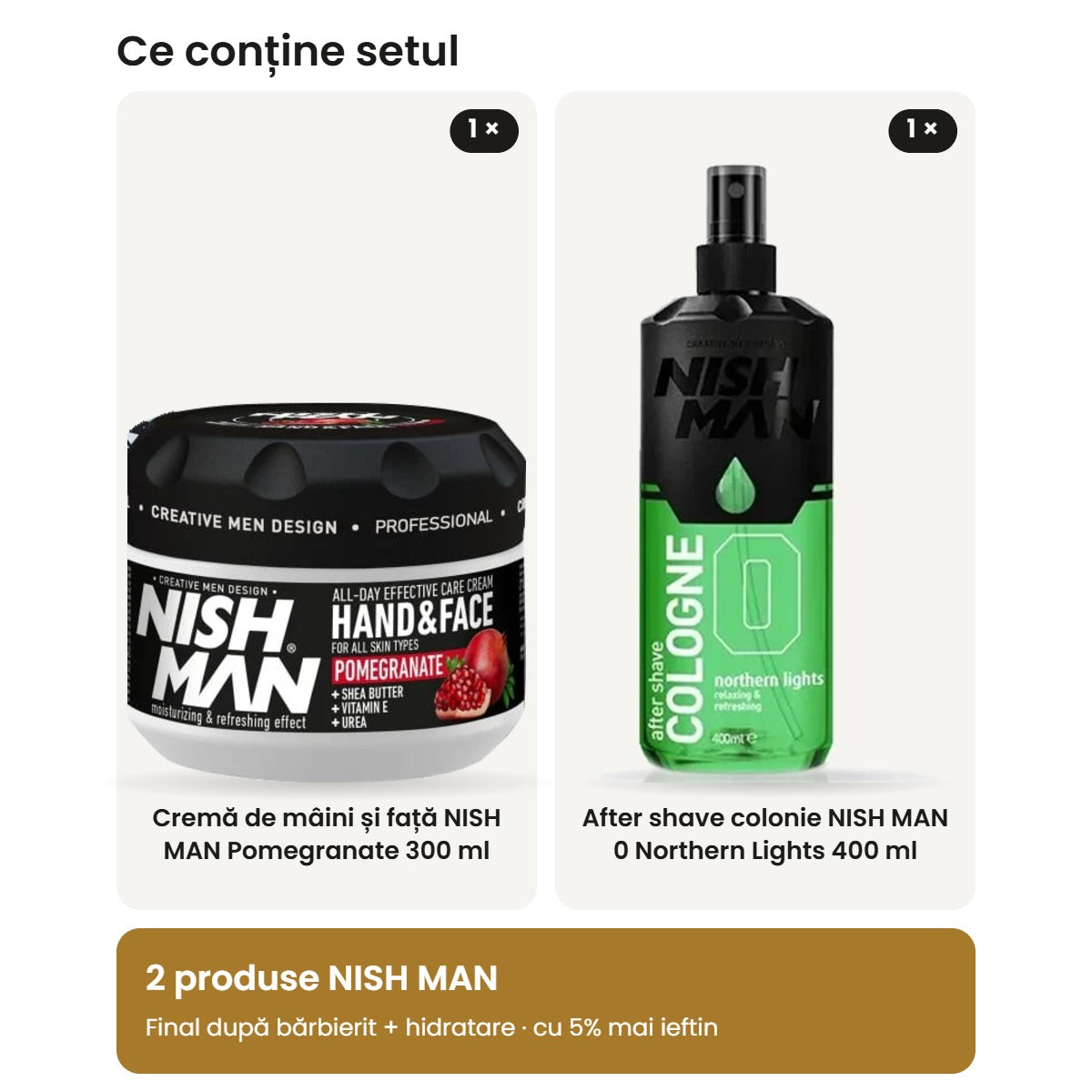 Conținutul setului: cremă de mâini și față NISH MAN Pomegranate 300 ml și after shave colonie NISH MAN 0 400 ml