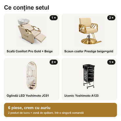 Conținutul setului: scafă Yoshimoto Comfort Pro Gold + Beige, 2 scaune Prestige, 2 oglinzi JC01 și ucenic A123
