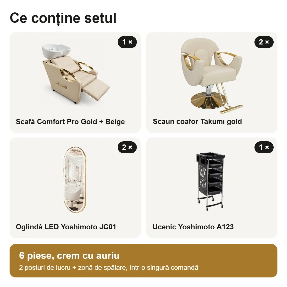 Conținutul setului: scafă Yoshimoto Comfort Pro Gold + Beige, 2 scaune Takumi gold, 2 oglinzi JC01 și ucenic A123