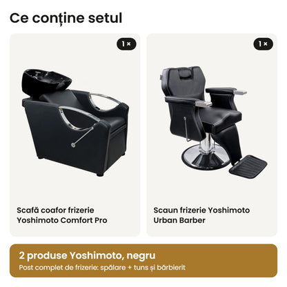 Conținutul setului: scafă Yoshimoto Comfort Pro și scaun frizerie Yoshimoto Urban Barber