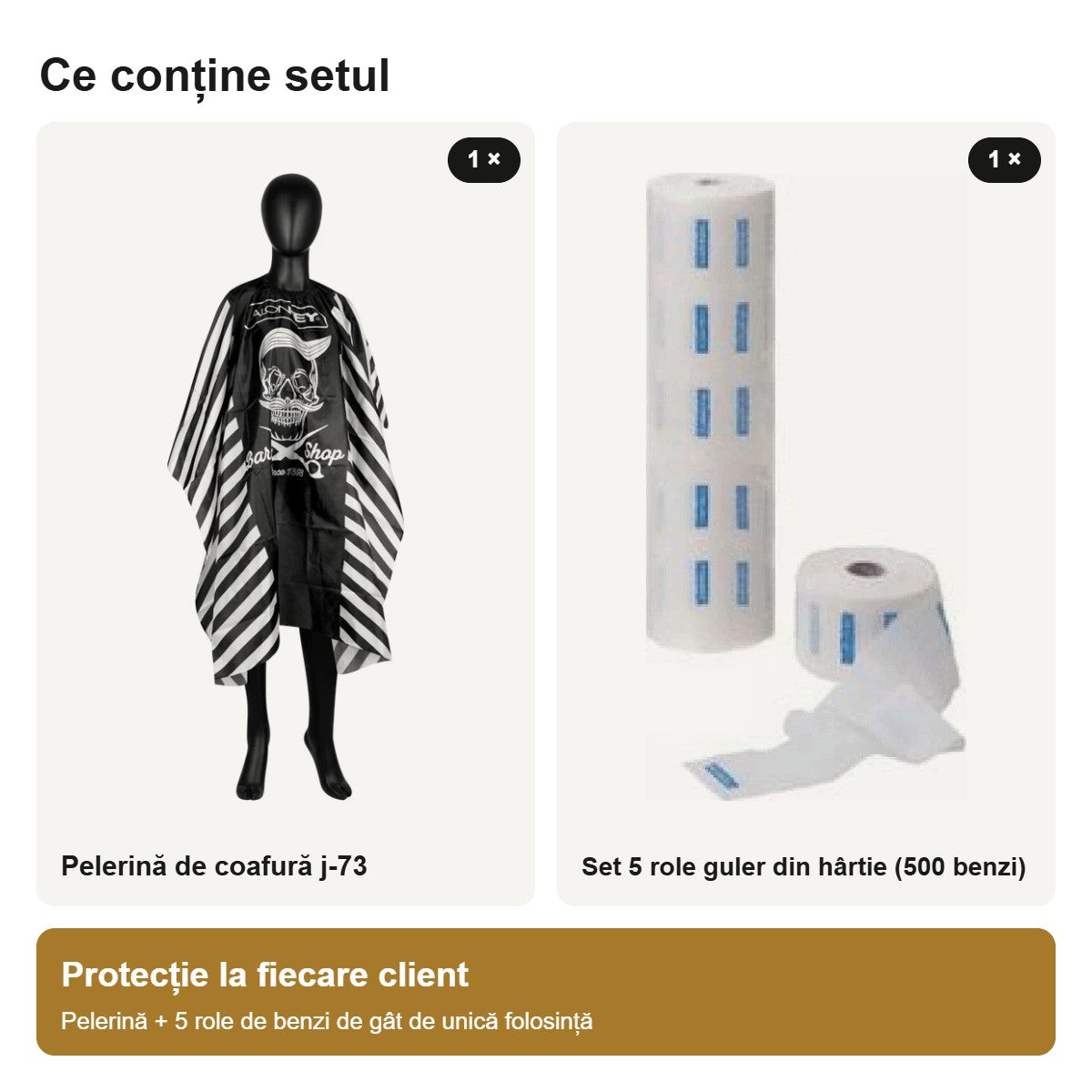 Conținutul setului: pelerină j-73 și set 5 role guler din hârtie