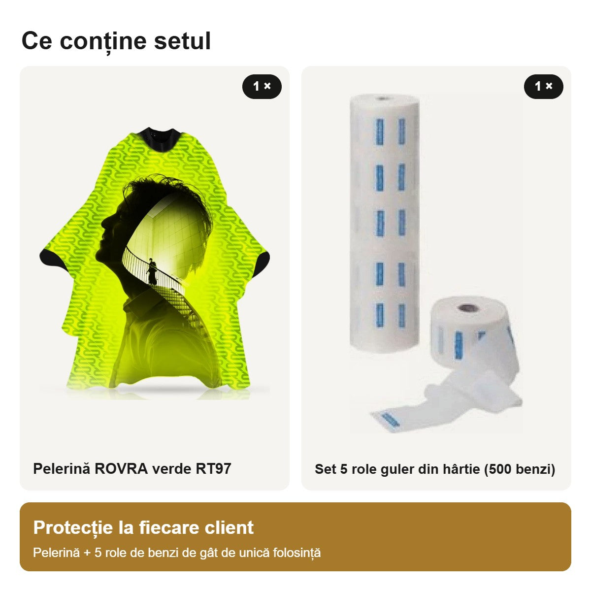 Conținutul setului: pelerină ROVRA verde RT97 și set 5 role guler din hârtie