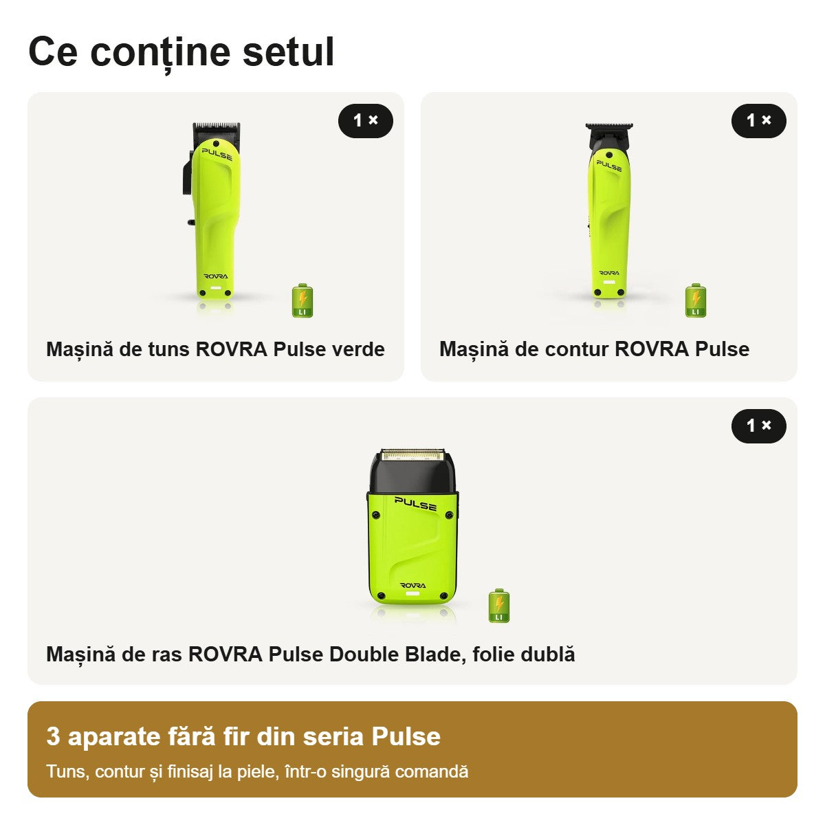 Conținutul setului ROVRA Pulse: mașină de tuns, mașină de contur și mașină de ras Double Blade cu folie dublă