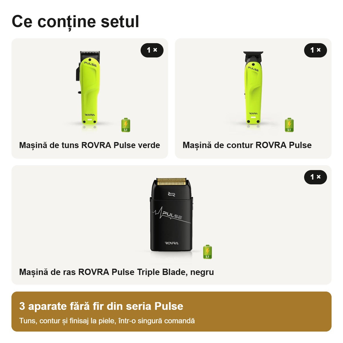 Conținutul setului ROVRA Pulse: mașină de tuns verde, mașină de contur și mașină de ras Triple Blade