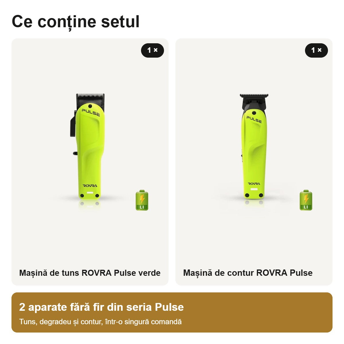 Conținutul setului ROVRA Pulse: mașină de tuns verde și mașină de contur