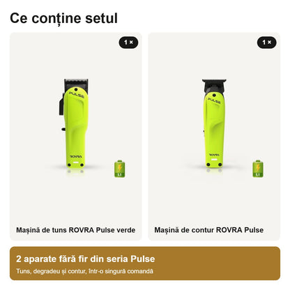 Conținutul setului ROVRA Pulse: mașină de tuns verde și mașină de contur