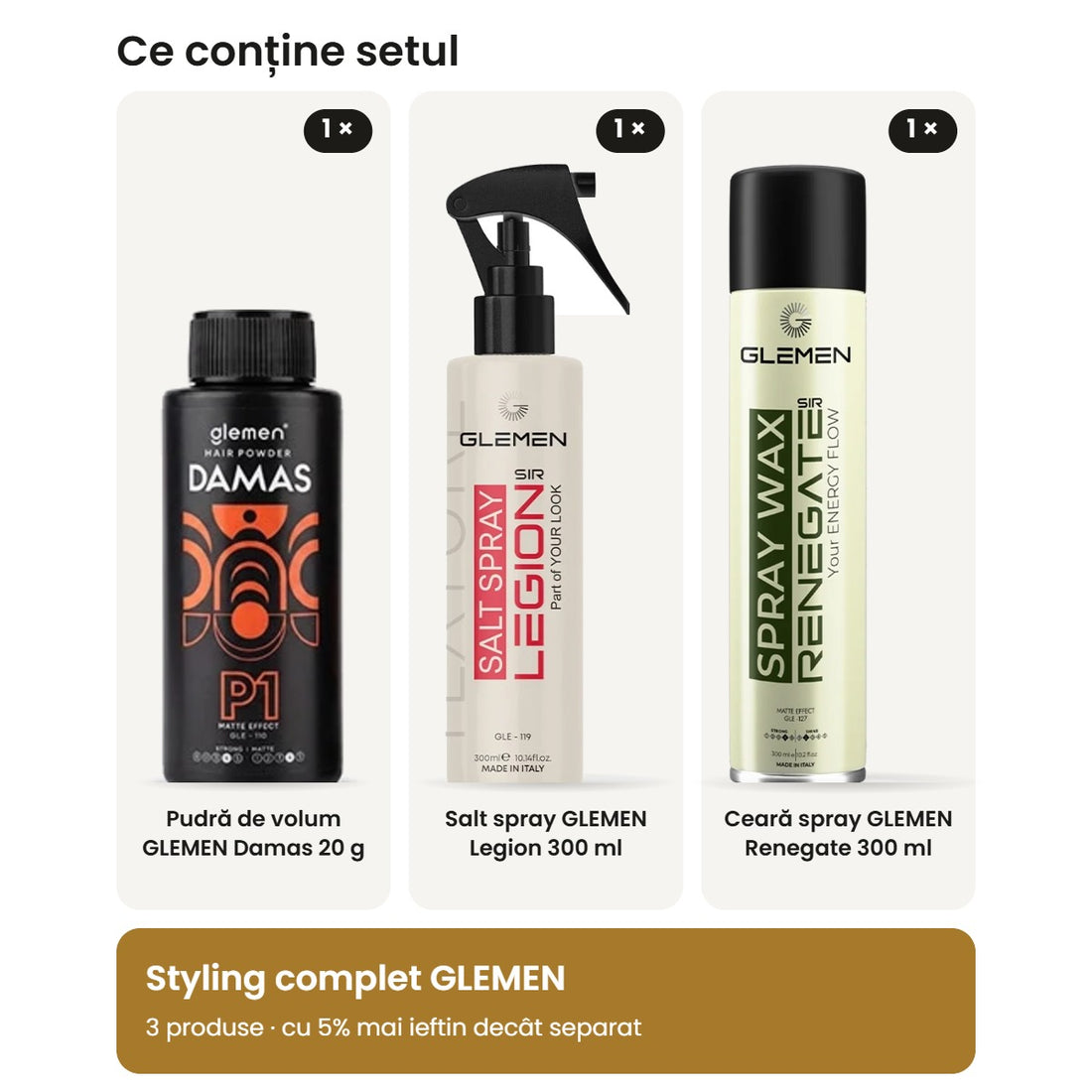 Conținutul setului: pudră de volum Damas, salt spray Legion și ceară spray Renegate