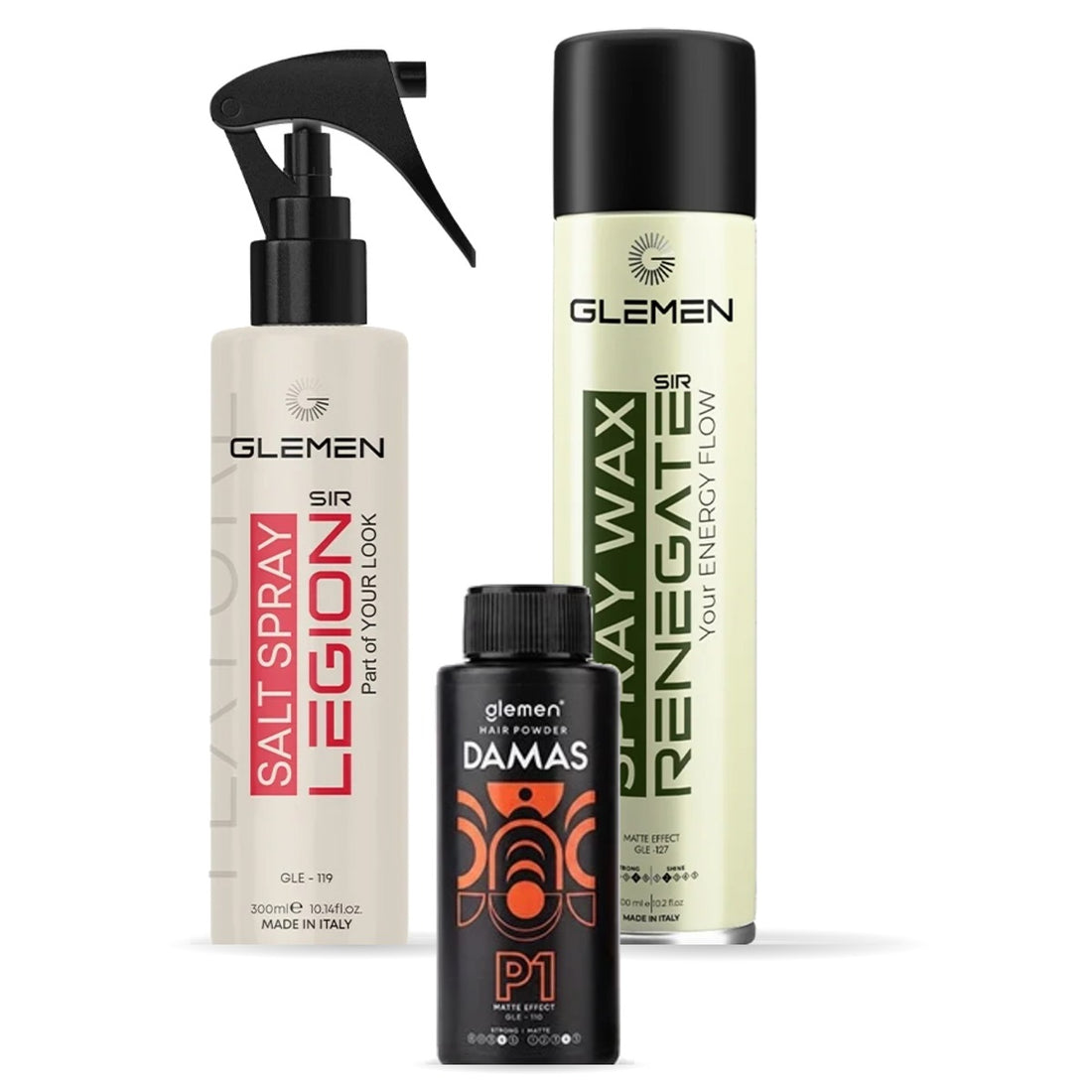 Set styling GLEMEN: pudră de volum Damas, salt spray Legion și ceară spray Renegate